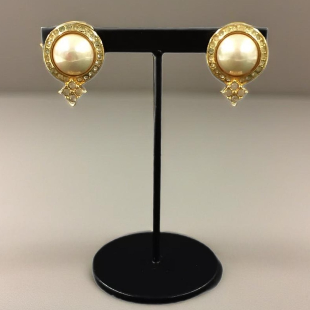 CHRISTIAN DIOR Pearl Rhinestone Gold Tone Earrings - Picture 2 of 8